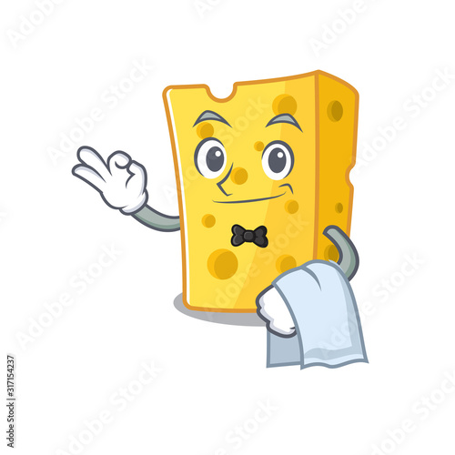 Friendly emmental cheese Character stand as a Waiter character