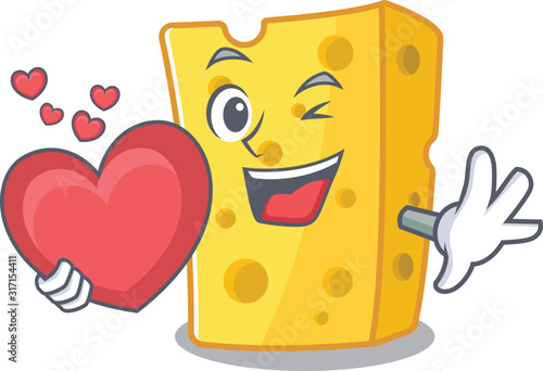 Funny Face emmental cheese cartoon character holding a heart