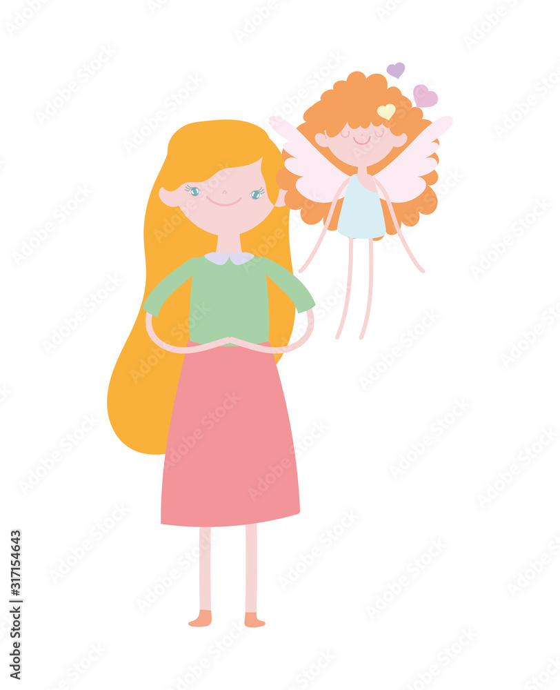 happy valentines day, cute young woman and little cupid with wings hearts love cartoon happy valentines day, cute young woman and little cupid with wings hearts love cartoon