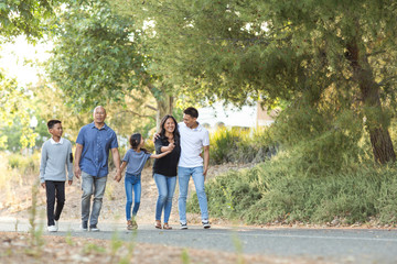 Happy Asian family walking and talking outside.