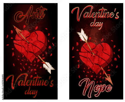 Anti valentines day two banners broken heart, vector illustration