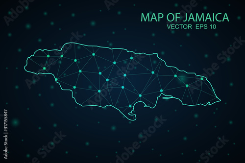 Map of Jamaica. Wire frame 3D mesh polygonal network line, design sphere, dot and structure. communications map of Jamaica. Vector Illustration EPS10.