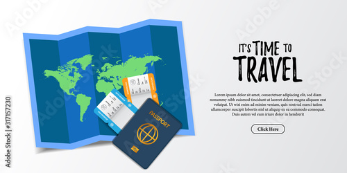 travel holiday document illustration. boarding pass airplane ticket, passport, worldwide maps paper, and credit card top view. Holiday tourist advertising