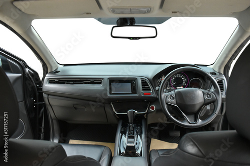 black modern sport vehicle interior, image isolated with design your view outside car © sutichak