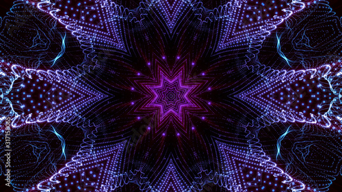kaleidoscope patterns of purple round luminous particles. abstract background. 3d render illustration