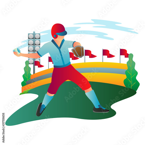Illustration of baseball player is throwing the ball to his teammates at a baseball competition. Graphic resources for ui ux design, mobile app and website