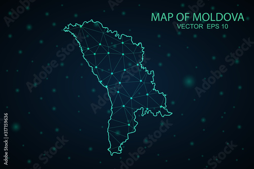 Map of Moldova. Wire frame 3D mesh polygonal network line, design sphere, dot and structure. communications map of Moldova. Vector Illustration EPS10.