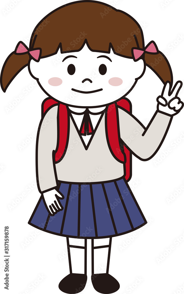 ランドセルを背負ってピースするツインテールの女の子