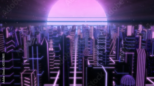 Fly Over Neon City Outrun Synthwave Buildings with 80s Retro Sun - Abstract Background Texture