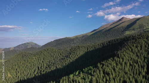 Grigorievskoe gorge in the summer in Kungei Alatau. Kyrgyzstan.  Forest, Alpine meadows and glaciers. photo