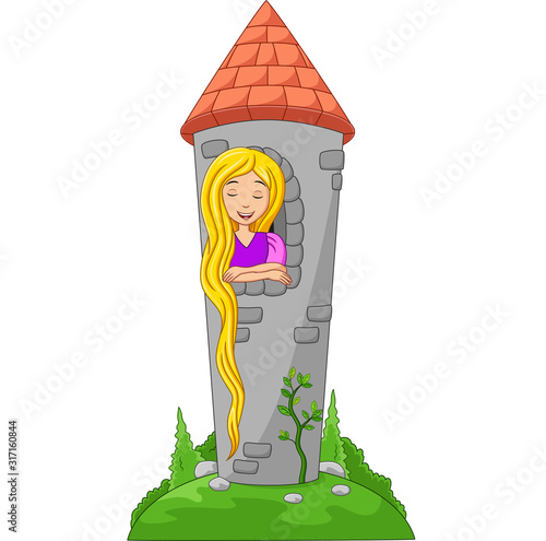 Cartoon beautiful princess with long hair at a castle window