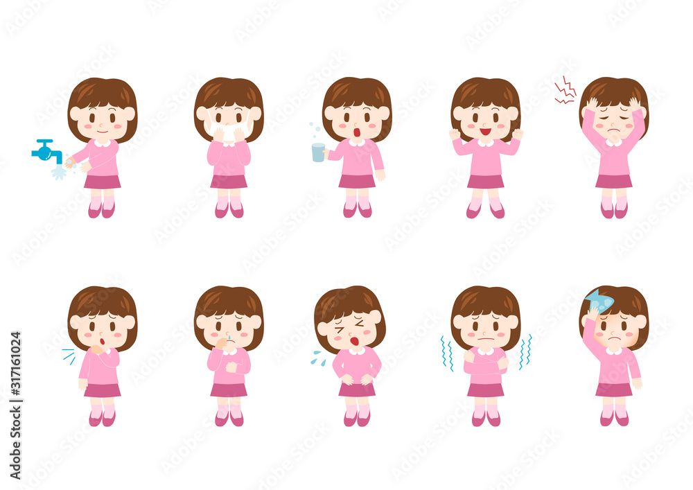 女の子 人物 体調不良と健康管理 イラスト セット Stock Vector Adobe Stock