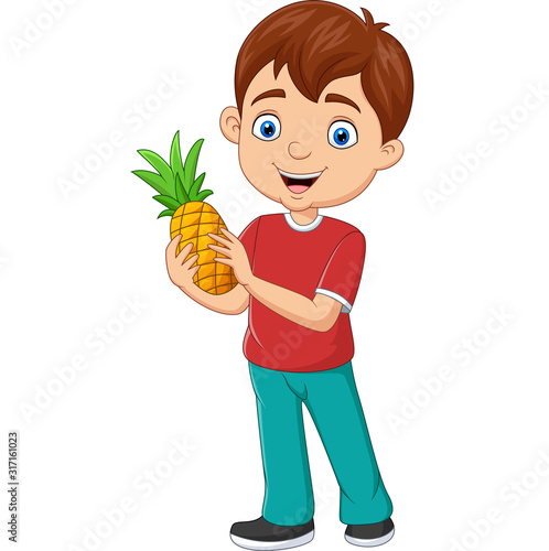Cartoon little boy holding a pineapple 