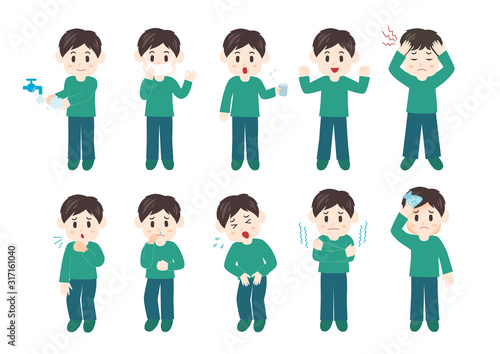 男性の体調不良と健康管理のイラストセット