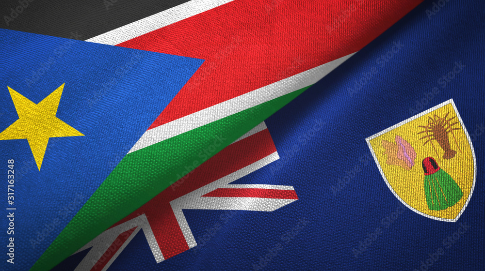 South Sudan and Turks and Caicos Islands two flags textile cloth, fabric texture South Sudan and Turks and Caicos Islands two flags textile cloth, fabric texture