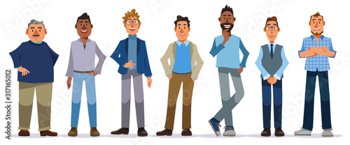 Set of diverse people on white background.Smiling men, different nationalities.Vector illustration in flat cartoon style.