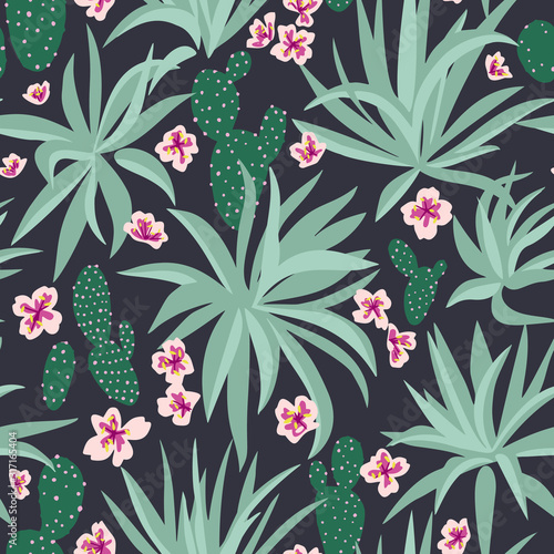 Summer botanical  garden mixtures with plants such as aloe leaves, flower heads and cactus. Decorative floral seamless pattern. Trendy flat design. Silhouettes and cut out style technique.