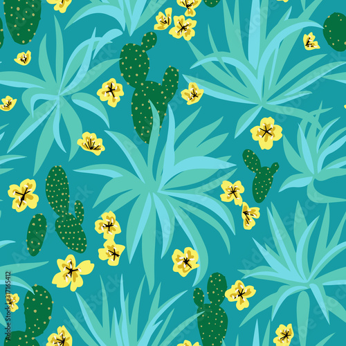 Summer botanical  garden mixtures with plants such as aloe leaves, flower heads and cactus. Decorative floral seamless pattern. Trendy flat design. Silhouettes and cut out style technique.
