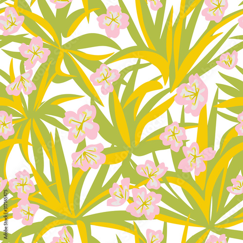 Summer botanical  garden mixtures with plants such as aloe leaves, flower heads and cactus. Decorative floral seamless pattern. Trendy flat design. Silhouettes and cut out style technique.
