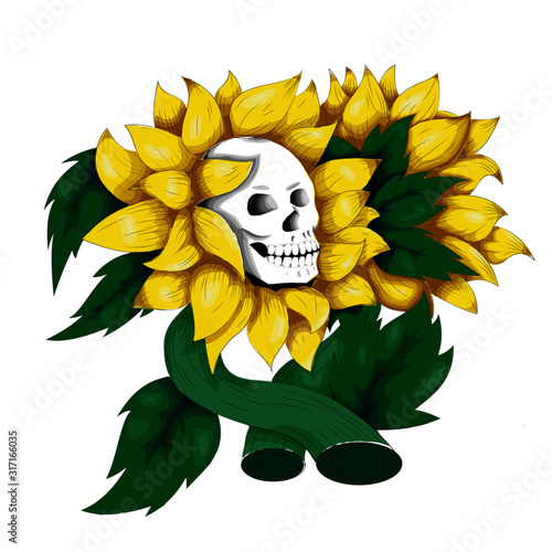 Skull that blooms from a beautiful sunflower.
