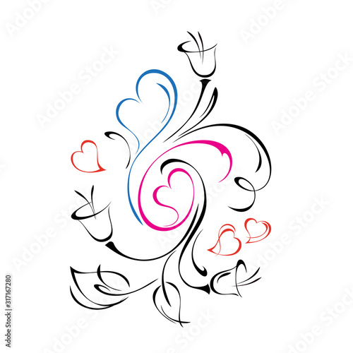 hearts 52. several colored hearts with leaves, curls and bells on a white background
