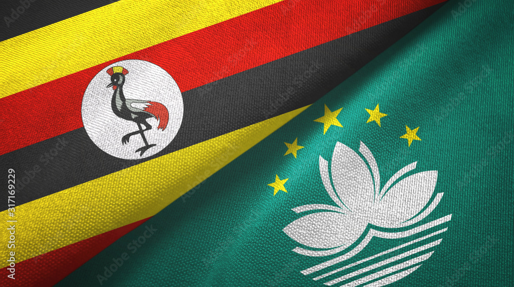Fototapeta premium Uganda and Macau two flags textile cloth, fabric texture