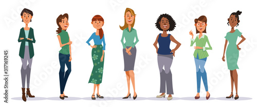 Set of diverse people on white background.Smiling women, different nationalities.Vector illustration in flat cartoon style.