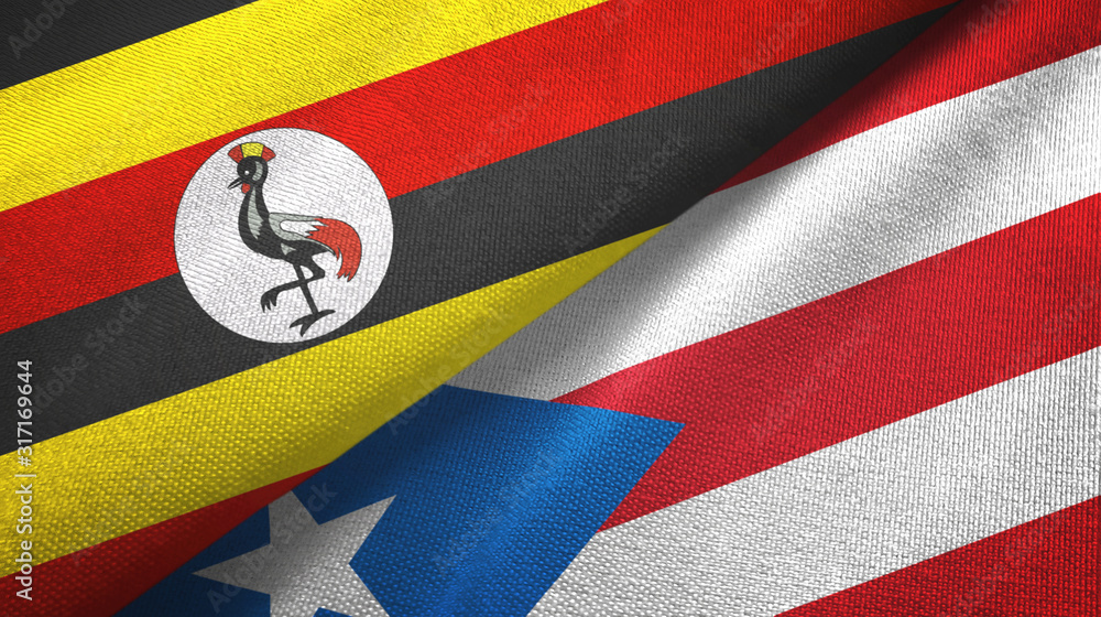 Fototapeta premium Uganda and Puerto Rico two flags textile cloth, fabric texture