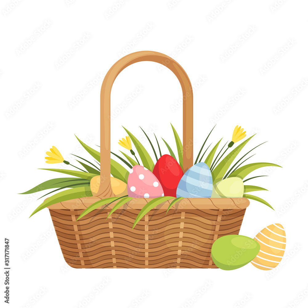 Φωτογραφία Easter basket with painted eggs, tulip and crocuses