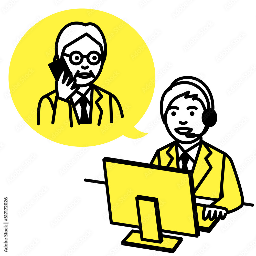 Call center operator talking with man. Vector illustration.