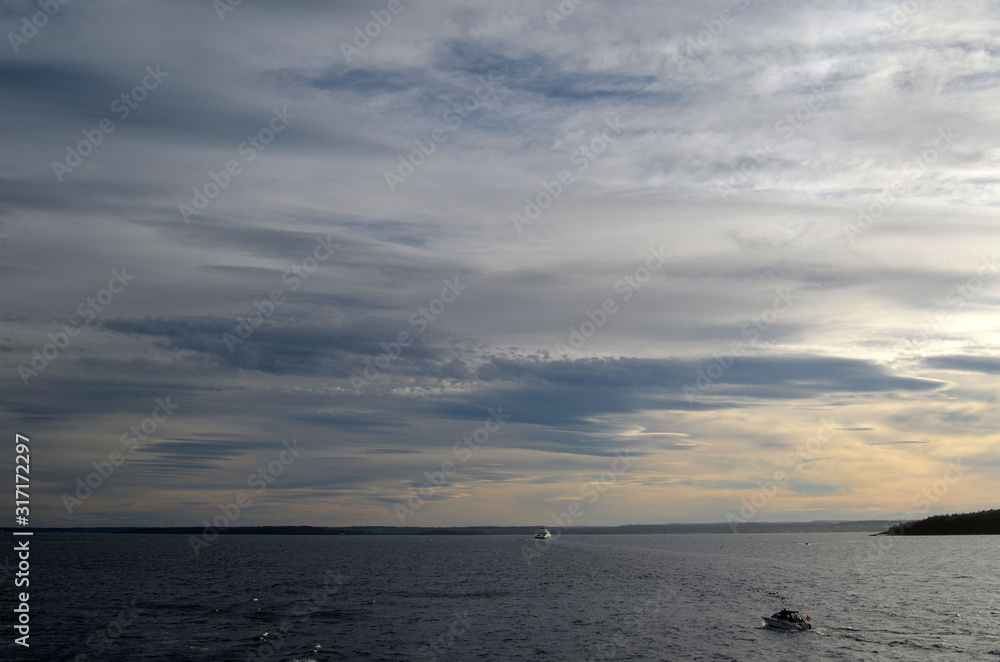 Oslofjord. View of the North Sea from Ferry from Horten to Moss connects Ostfold and Vestfold in Norway. Ferry crossing Oslofjord Oslofjord. View of the North Sea from Ferry from Horten to Moss connects Ostfold and Vestfold in Norway. Ferry crossing Oslofjord