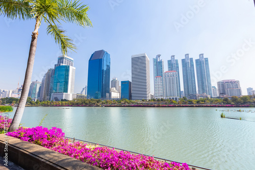 Cityscape of the office building at Benchakitti park in the morning at Bangkok, Thailand. Tall building with park in the capital , Thailand. photo