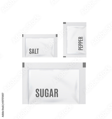 Realistic Detailed 3d White Salt, Sugar and Pepper Pack Template Mockup Set. Vector