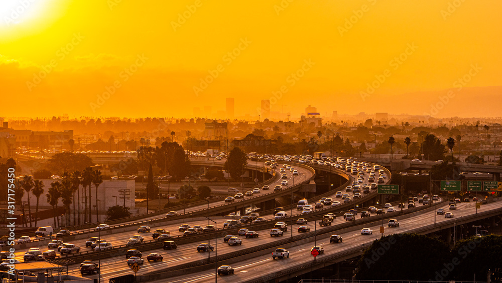Sunset over a busy highway in Los Angeles, California