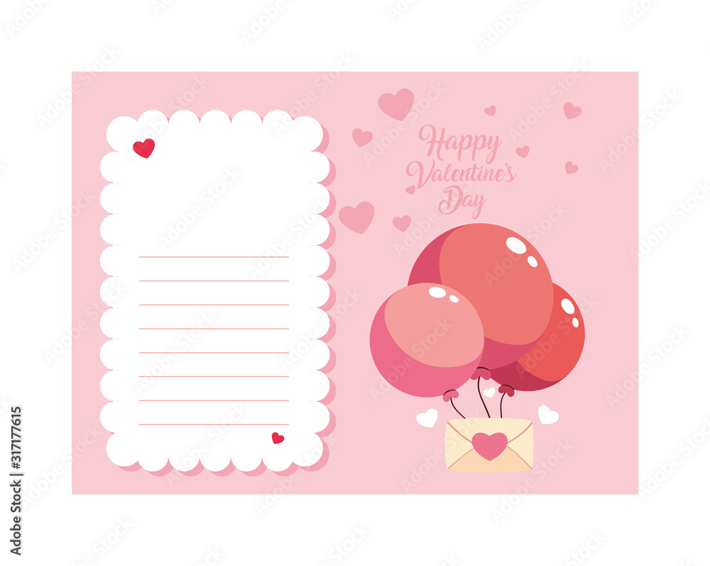 envelope with helium balloons , valentines day card