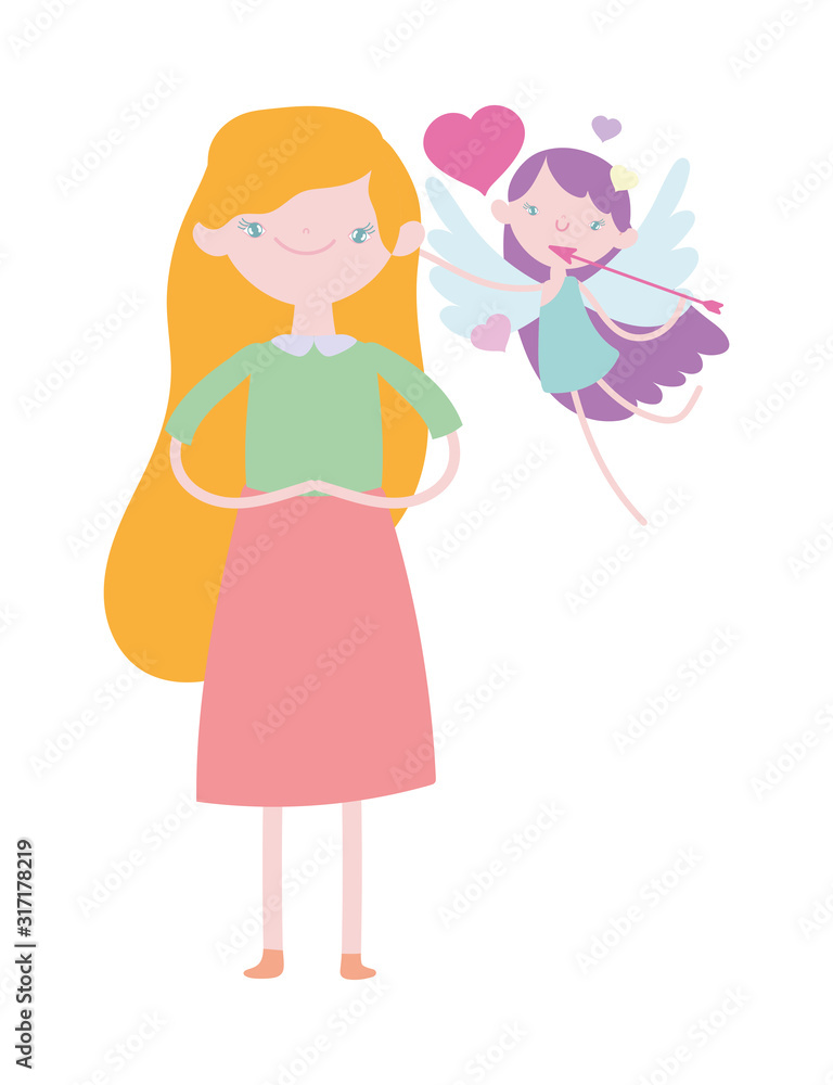 happy valentines day, flying cupid with arrow hearts and young woman cartoon characters happy valentines day, flying cupid with arrow hearts and young woman cartoon characters