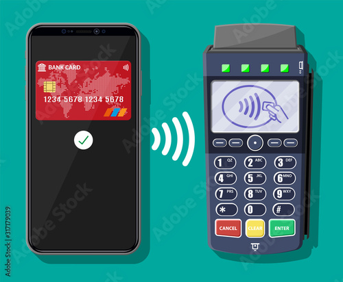 POS terminal and mobile smartphone payment transaction. Wireless, contactless or cashless payments, rfid nfc. Vector illustration in flat style