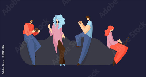 Working people with tablet, smartphone, laptop, notebook. Online working concept, online job. People searching internet flat vector illustration isolated on white. Working people, flat illustration photo