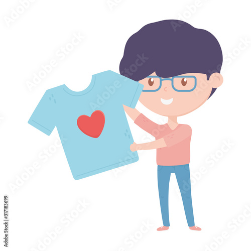 young man holding shirt love charity and donation