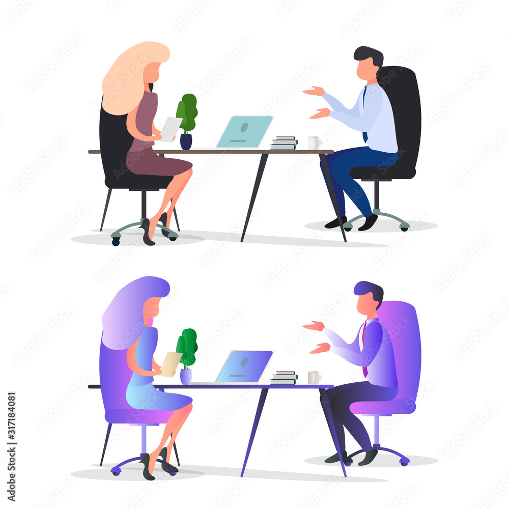 Job interview isolated on a white background. A girl takes a man to work. The concept of head hunting. Element for the design of business banners. Vector. Job interview isolated on a white background. A girl takes a man to work. The concept of head hunting. Element for the design of business banners. Vector.