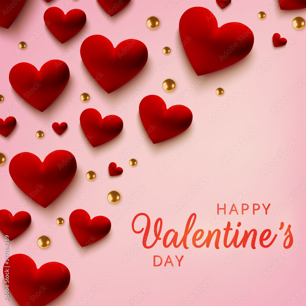 Happy Valentines Day greeting card. Realistic red 3d hearts on pink background. Love and wedding. Template for products, web banners and leaflets. Vector