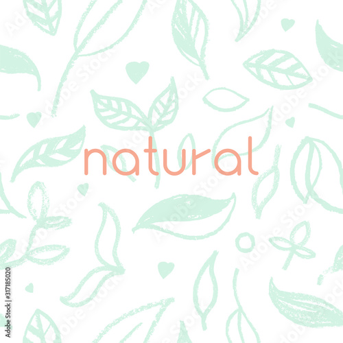 Environmental background. Natural hand-drawn organic food label, eco banner, healthy food concept, herbal seamless ornament, leaf pattern. Eco texture for green thinking — Spring. Modern agriculture.
