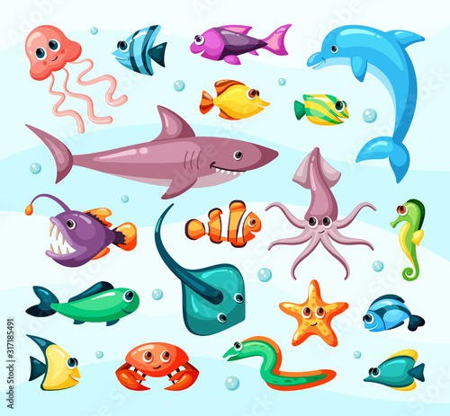 Underwater life  fish colorful flat vector illustration