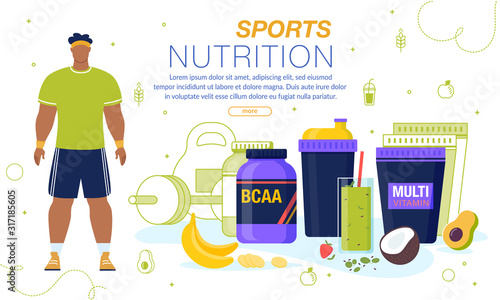 Sport Nutrition and Multi Vitamins Complex Supplements. Man Athlete and Energy Drinks in Liquid, Powder, Shaker with Protein Cocktail, Fruits Smoothies. Advertising Banner Mockup. Delivery Order