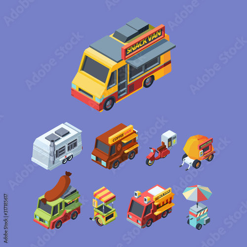 Snack trucks colorful isometric vector illustrations set