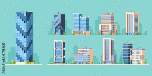 Skyscrapers, high-rise buildings colorful vector illustrations set