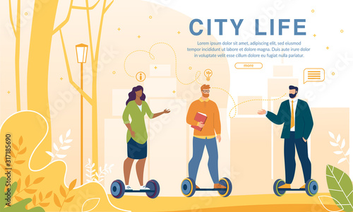 Business Meeting in Eco Friendly Place Park. Businesspeople Partners on Ecological Transport. Men and Woman Riding Hoverboard, Electric Gyroscooter, Self-Balancing Board. Webpage Banner