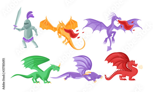 Fairy Dragons with Open Wings Shooting out Flames and Medieval Knight Ready to Fight Vector Set