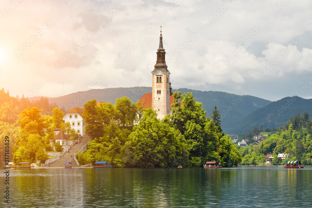 Beautiful Lake Bled in the Julian Alps and Assumption of Mary Church Bled Slovenia.