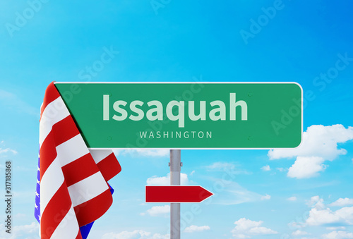 Issaquah – Washington. Road or Town Sign. Flag of the united states. Blue Sky. Red arrow shows the direction in the city. 3d rendering photo